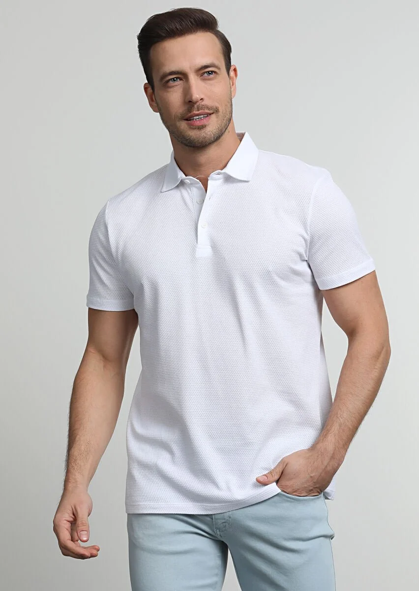 White Jacquard Polo Neck 100% Cotton T-Shirt - 3
