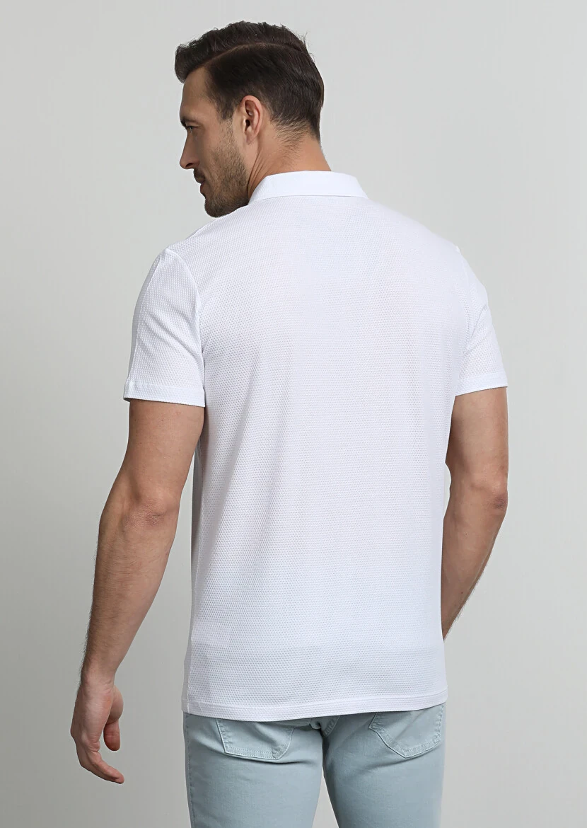 White Jacquard Polo Neck 100% Cotton T-Shirt - 4