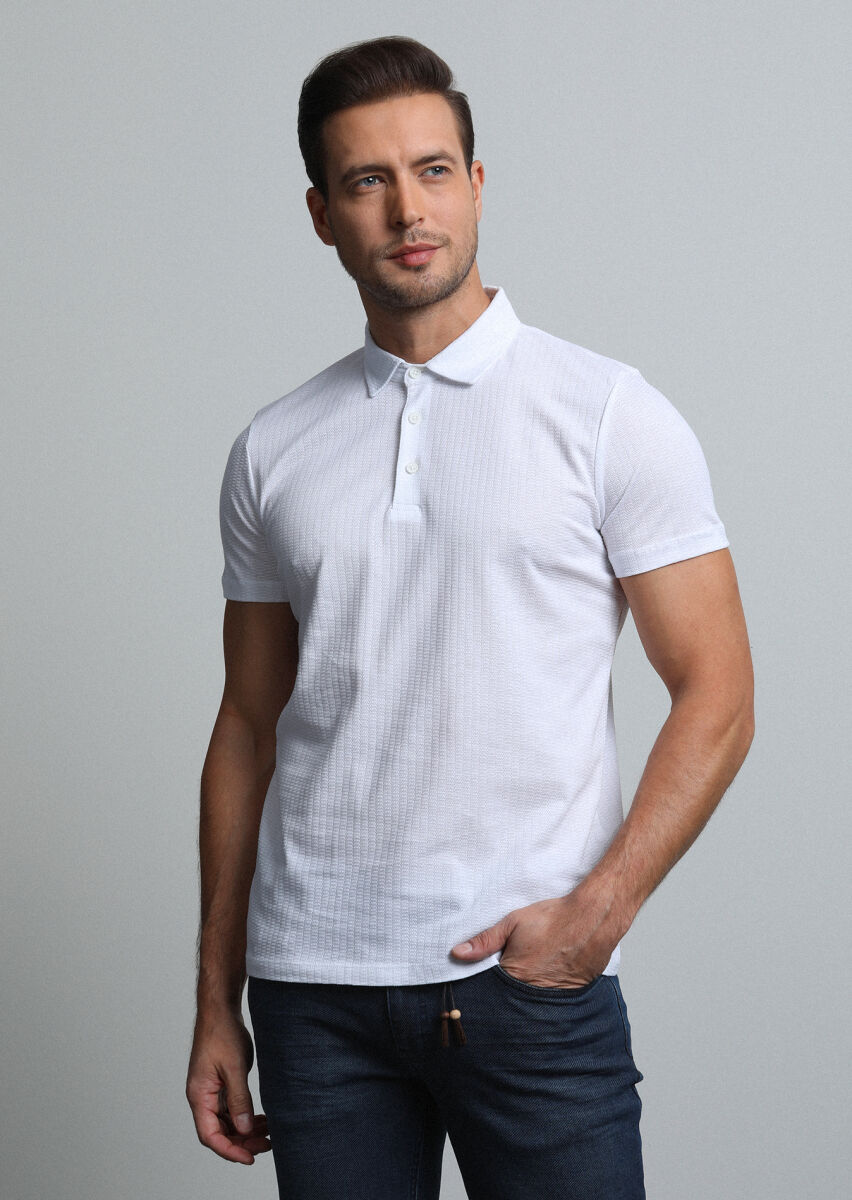 White Jacquard Polo Neck 100% Cotton T-Shirt - 1