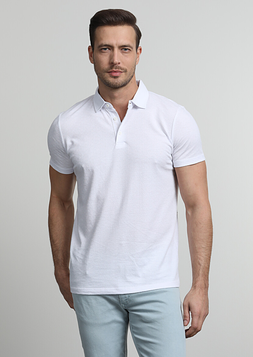 White Jacquard Polo Neck 100% Cotton T-Shirt - 3