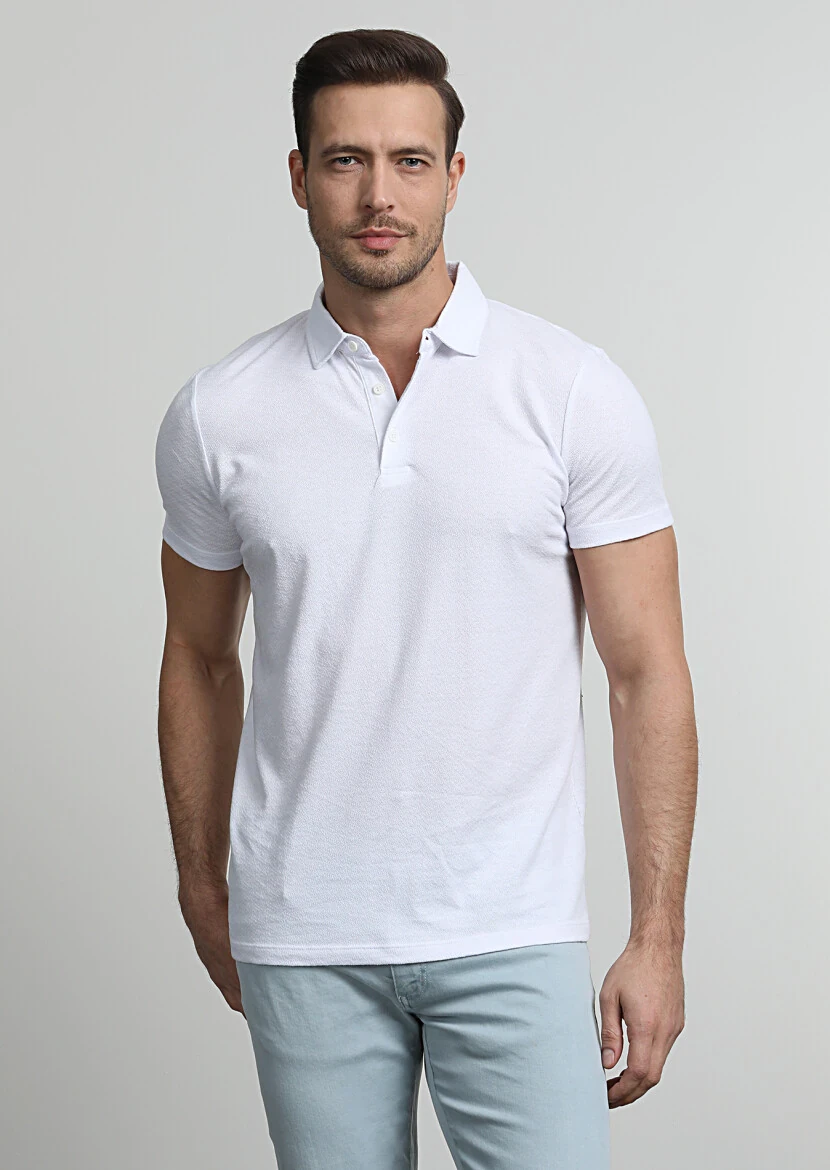 White Jacquard Polo Neck 100% Cotton T-Shirt - 3