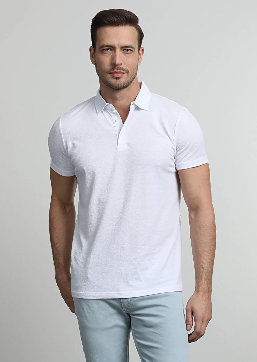 White Jacquard Polo Neck 100% Cotton T-Shirt - 3