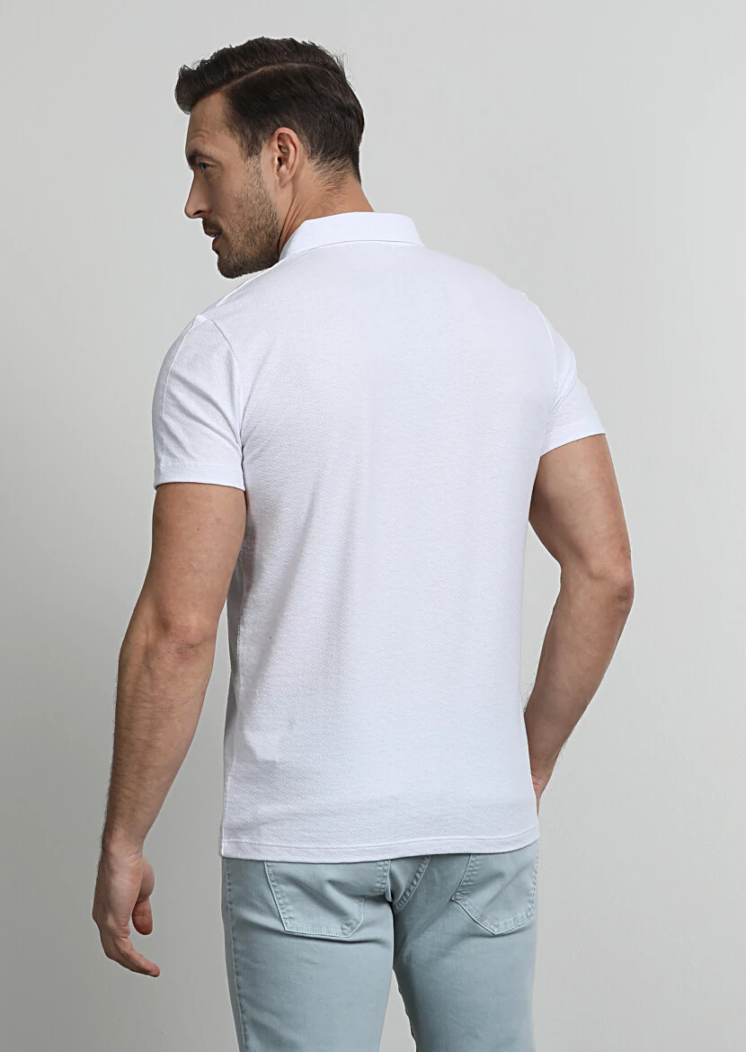 White Jacquard Polo Neck 100% Cotton T-Shirt - 4