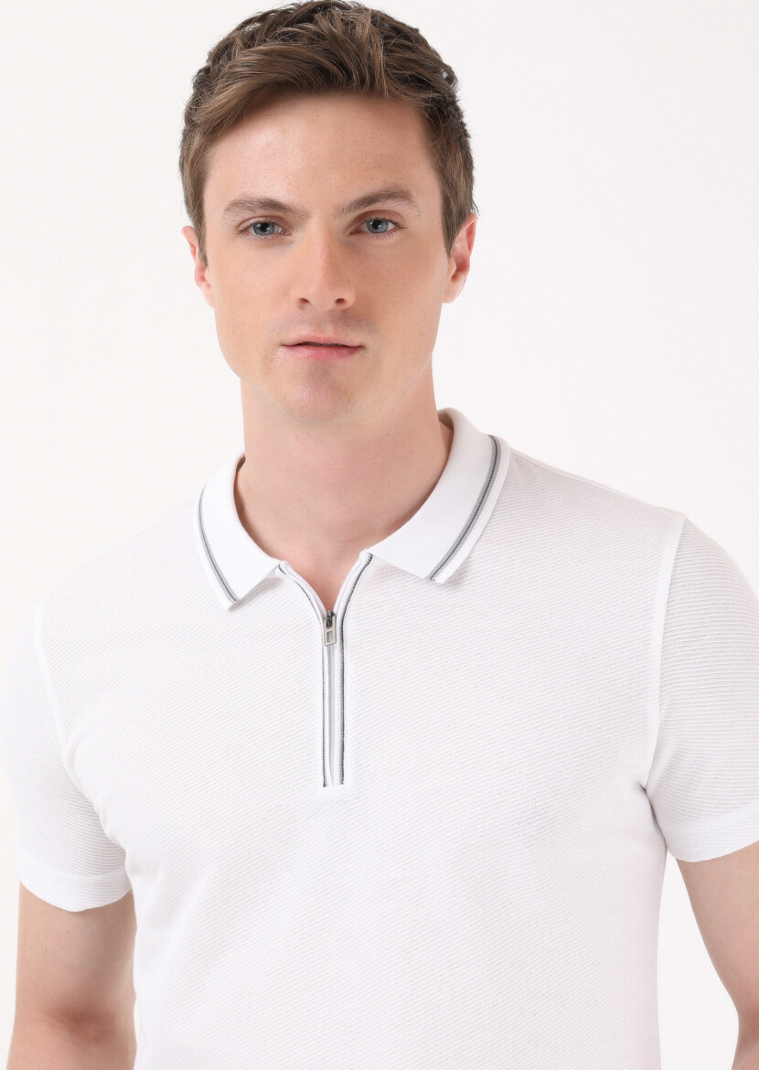 White Jacquard Polo Neck 100% Cotton T-Shirt - 1