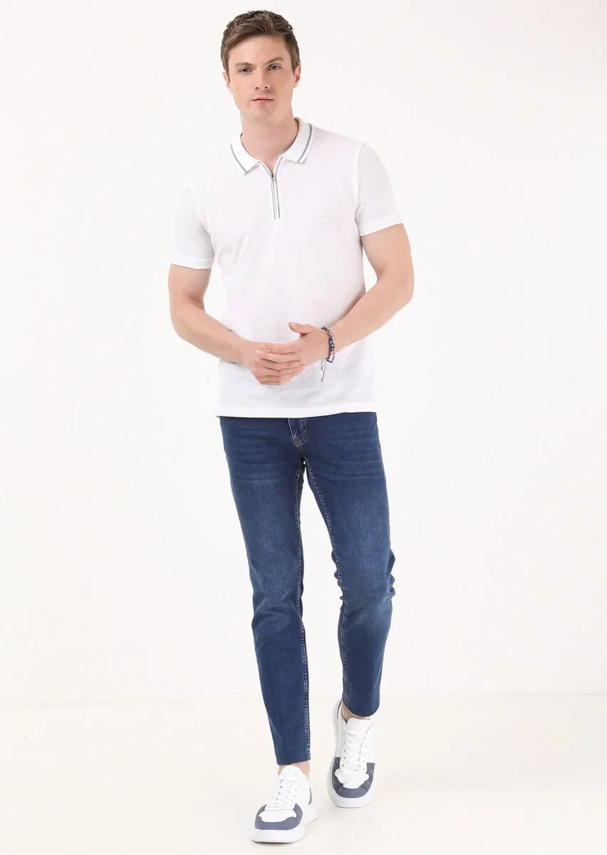 White Jacquard Polo Neck 100% Cotton T-Shirt - 3