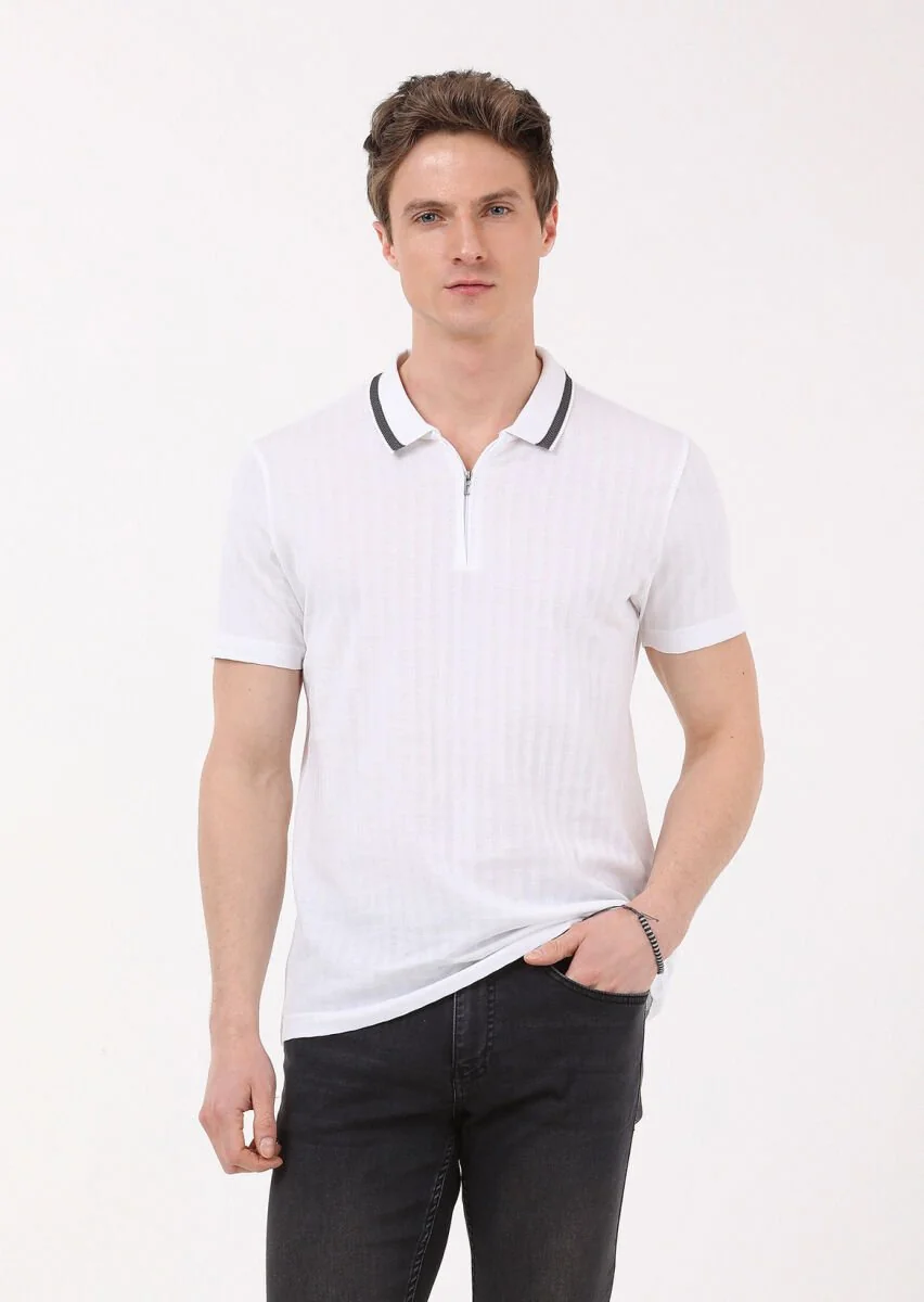 White Jacquard Polo Neck 100% Cotton T-Shirt - 2