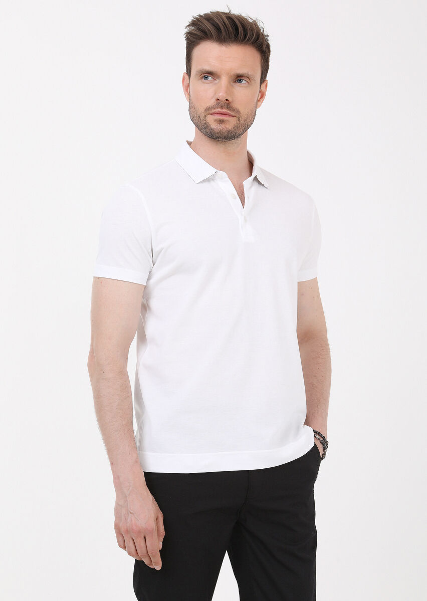 White Jacquard Polo Neck 100% Cotton T-Shirt - 1