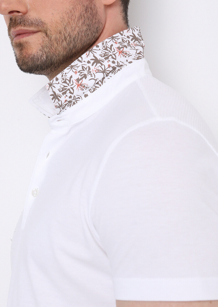 White Jacquard Polo Neck 100% Cotton T-Shirt 