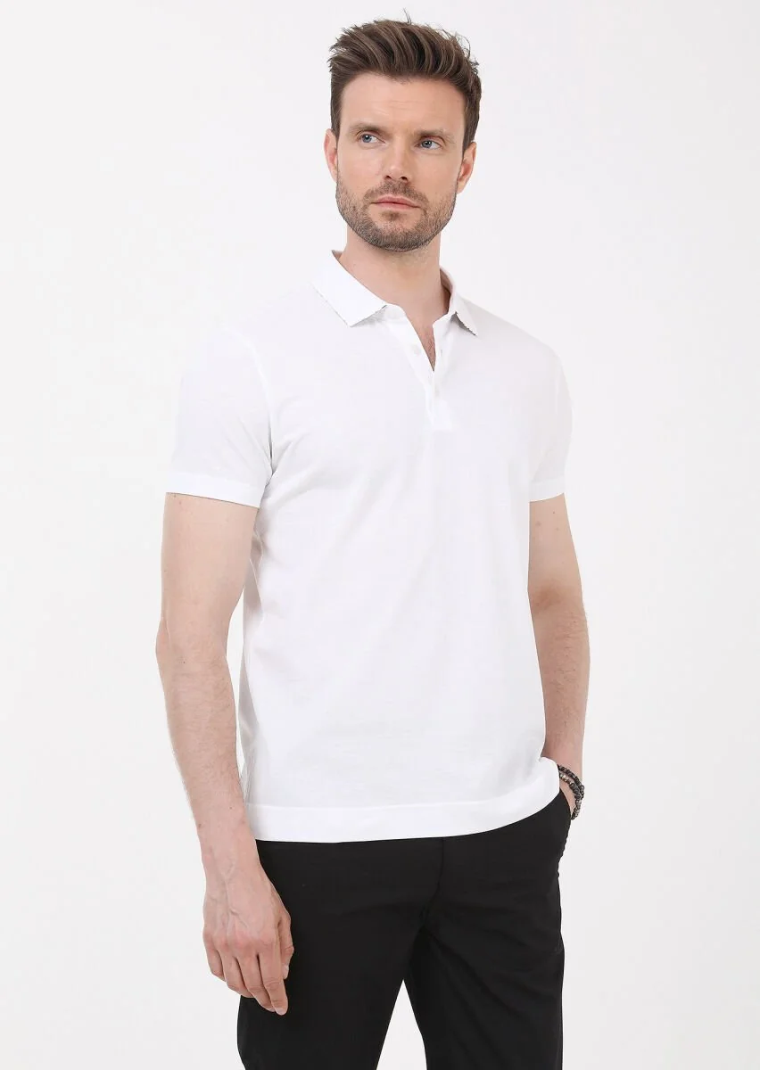 White Jacquard Polo Neck 100% Cotton T-Shirt - 1