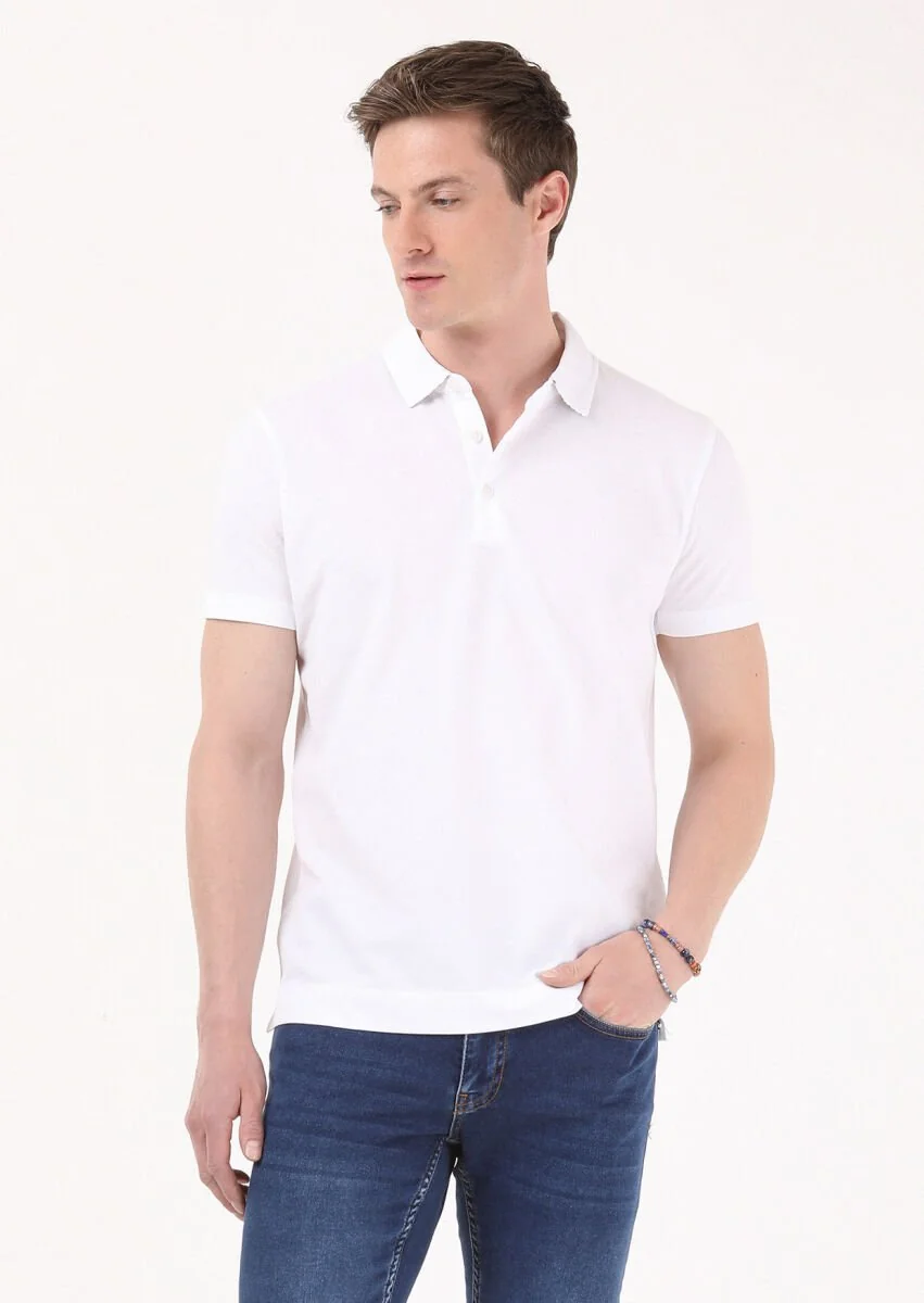 White Jacquard Polo Neck 100% Cotton T-Shirt - 2