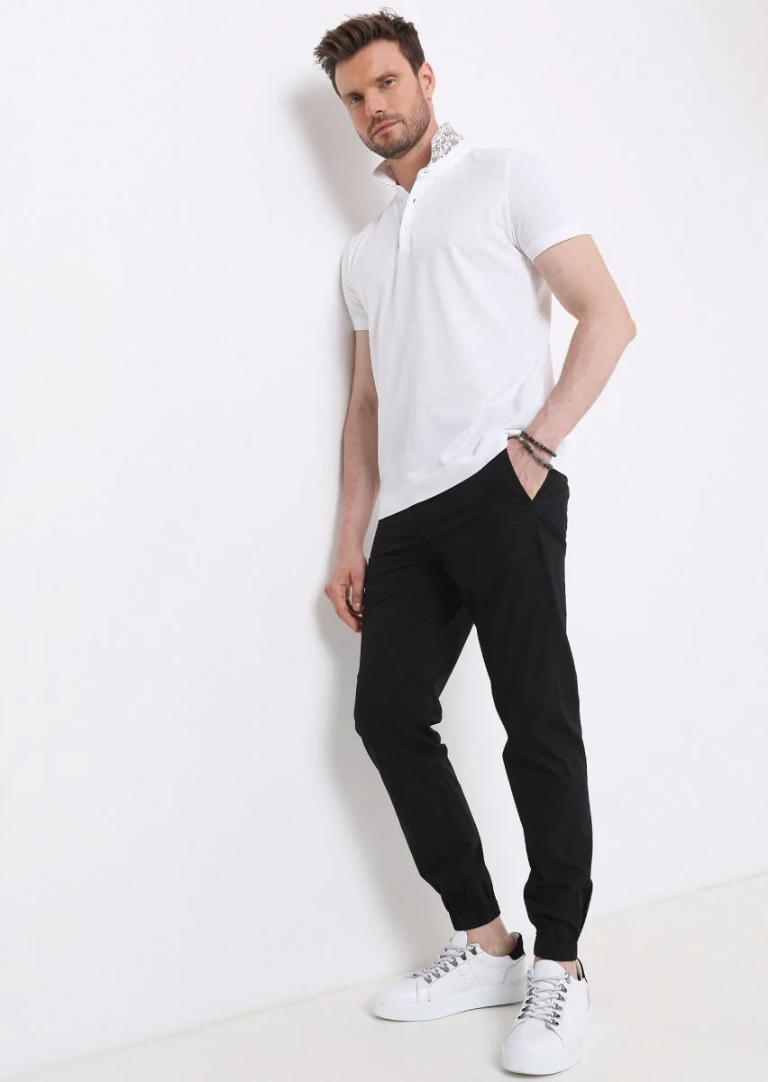 White Jacquard Polo Neck 100% Cotton T-Shirt - 3
