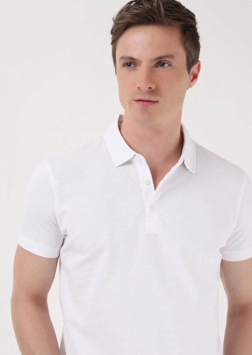 White Jacquard Polo Neck 100% Cotton T-Shirt - 4