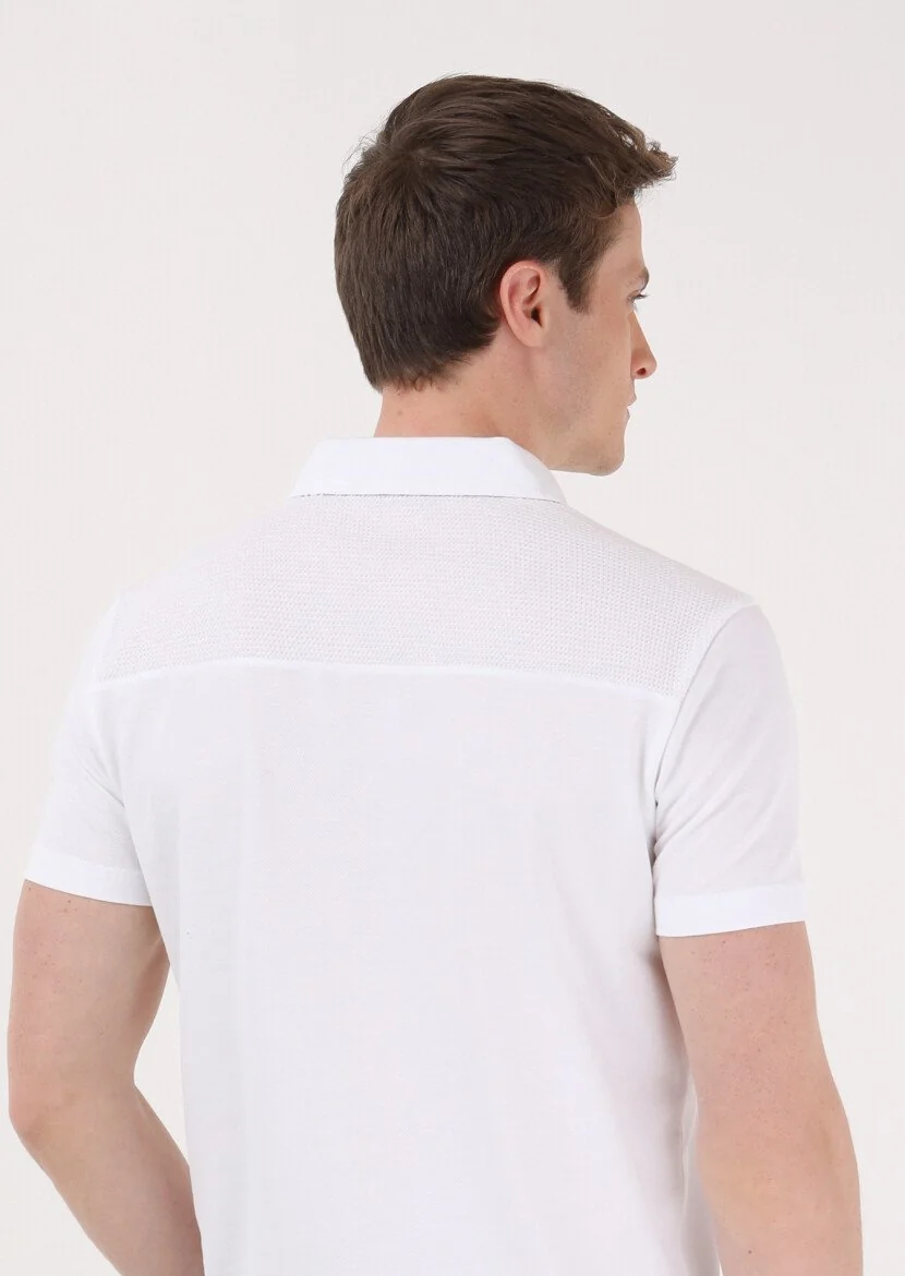 White Jacquard Polo Neck 100% Cotton T-Shirt - 5