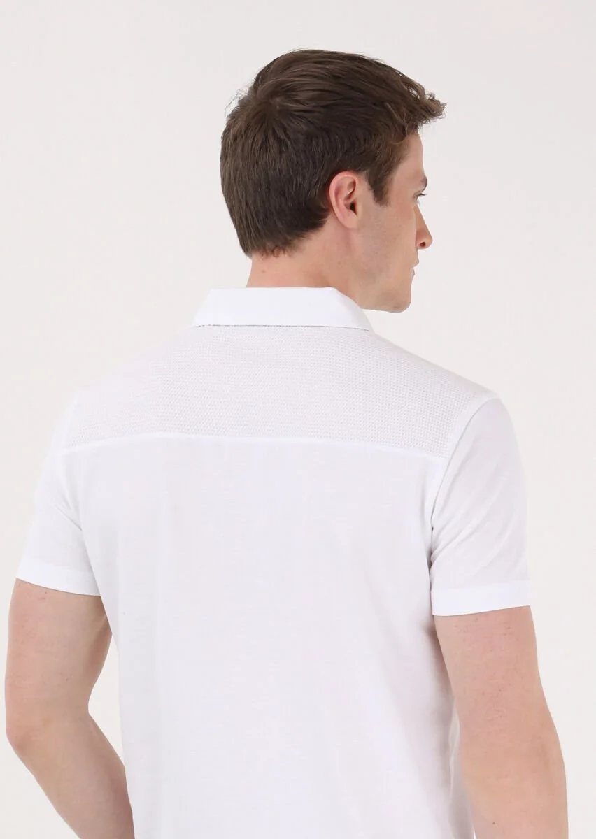White Jacquard Polo Neck 100% Cotton T-Shirt - 5