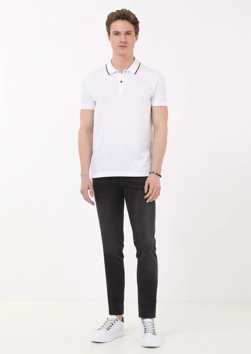 White Jacquard Polo Neck 100% Cotton T-Shirt - 1