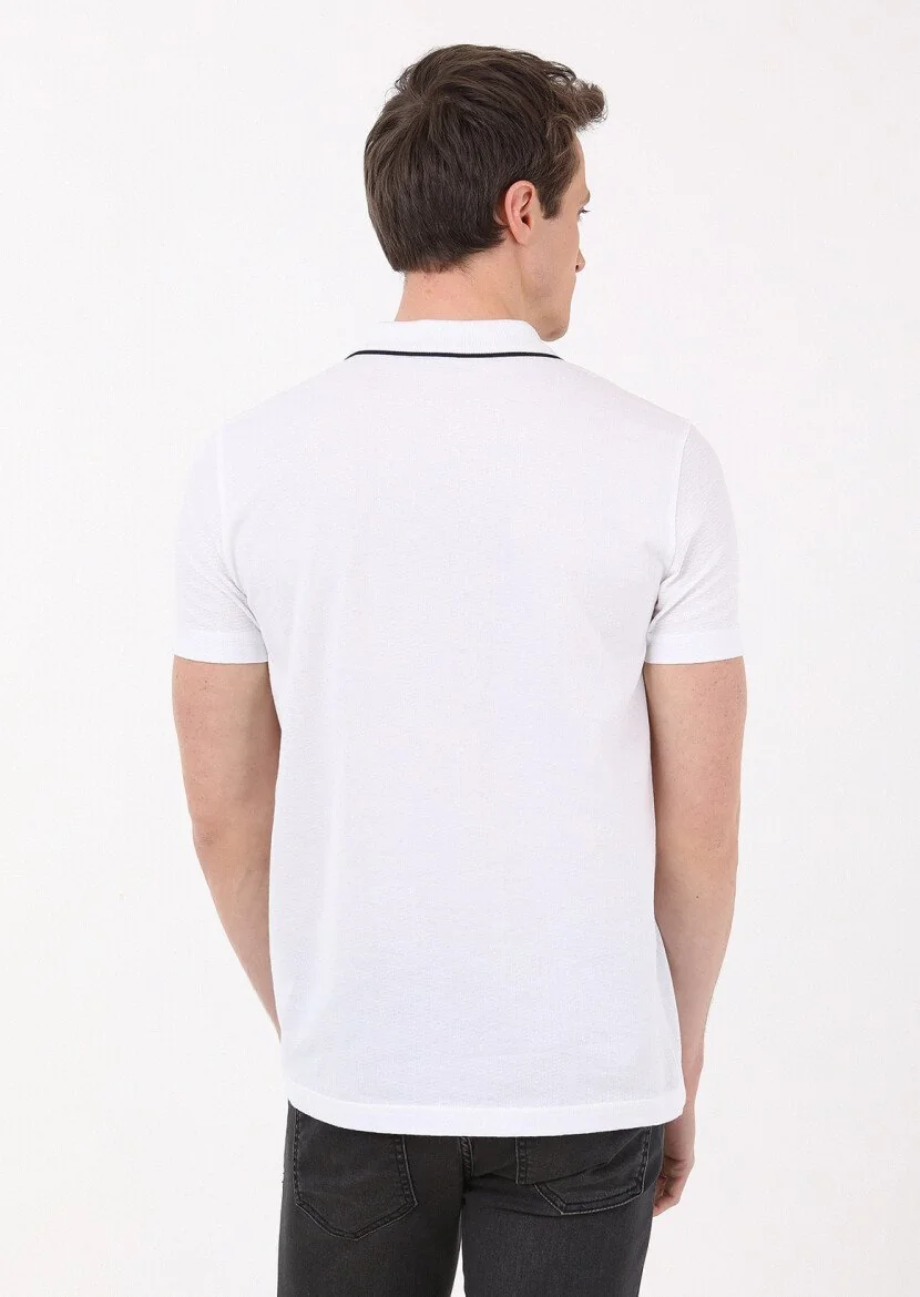 White Jacquard Polo Neck 100% Cotton T-Shirt - 4