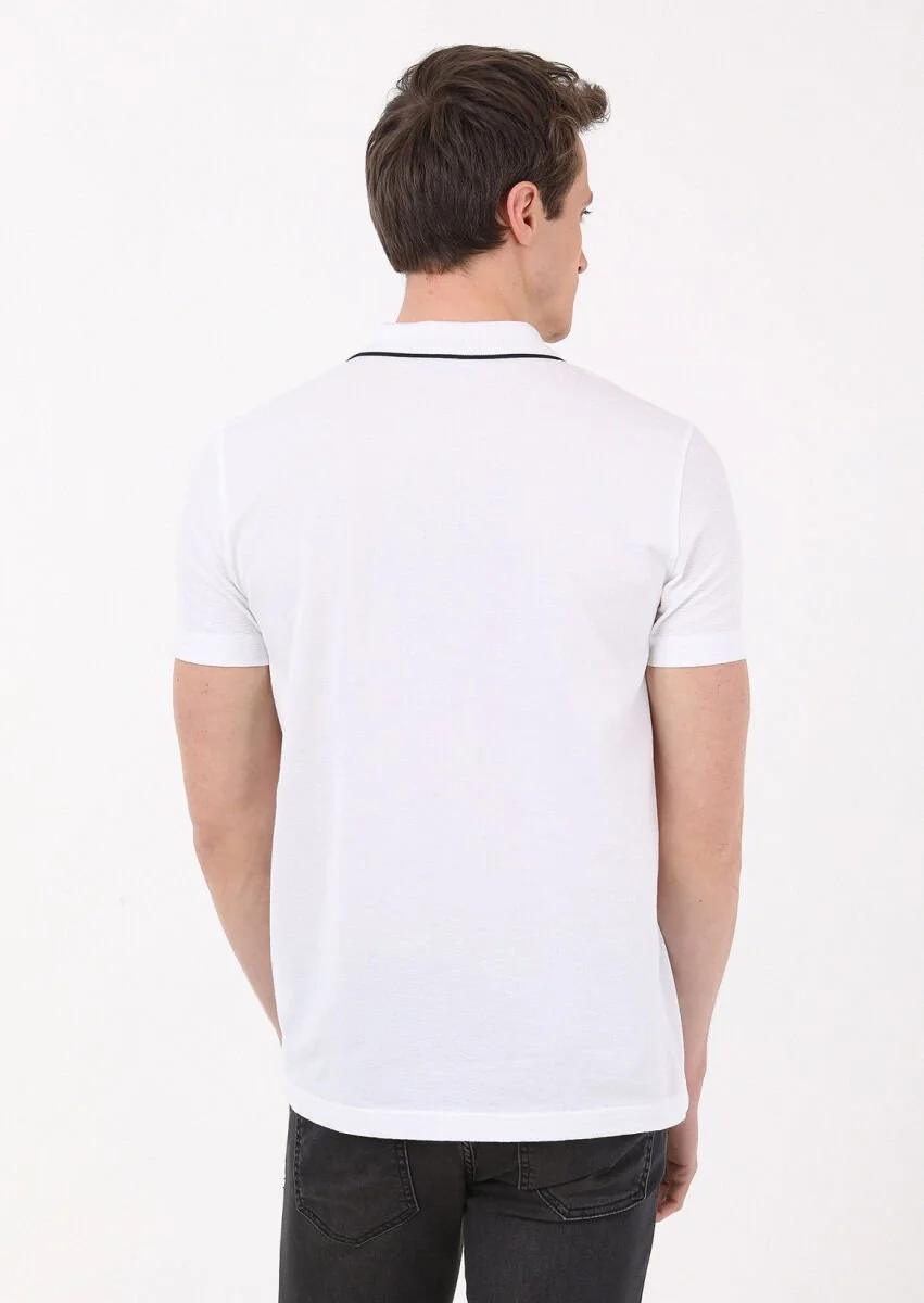 White Jacquard Polo Neck 100% Cotton T-Shirt - 4