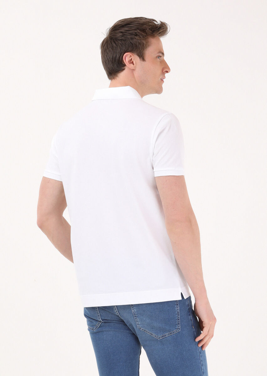 White Jacquard Polo Neck 100% Cotton T-Shirt - 4