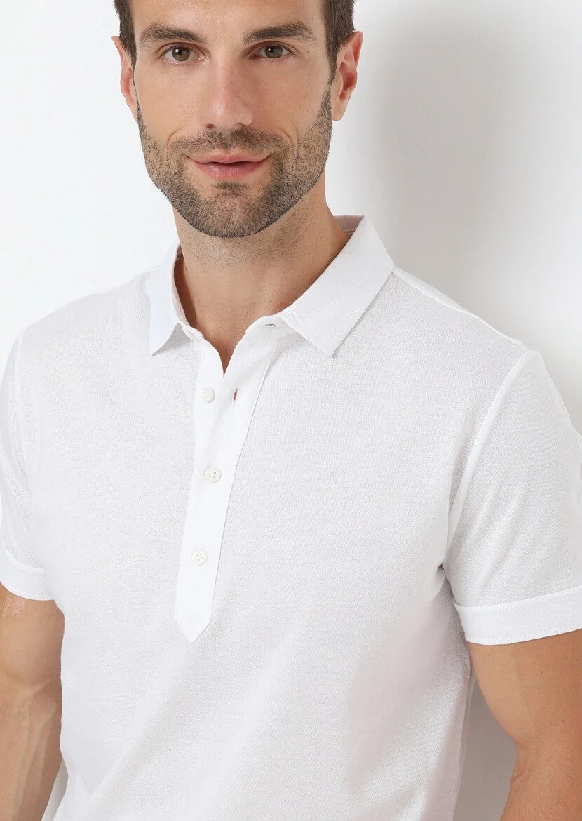 White Jacquard Polo Neck 100% Cotton T-Shirt - 3