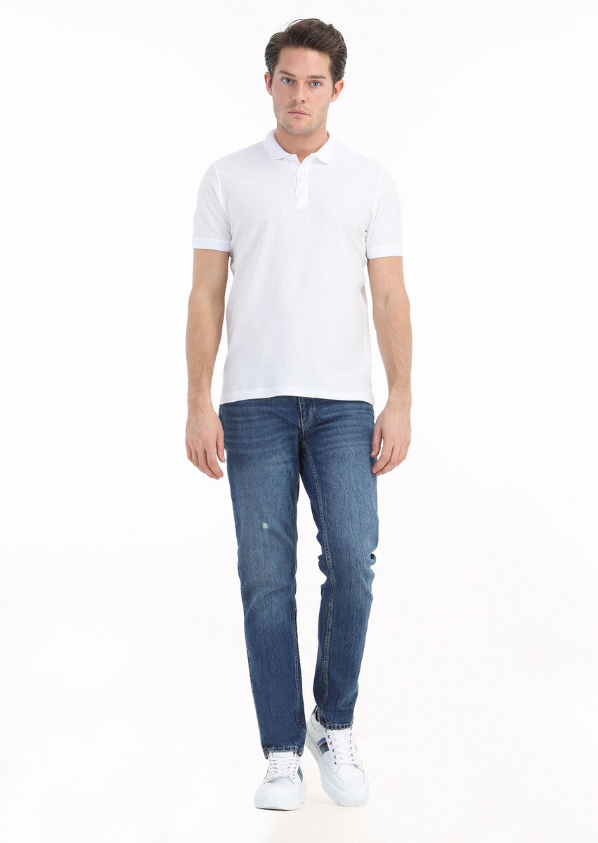 White Jacquard Polo Neck 100% Cotton T-Shirt - 1