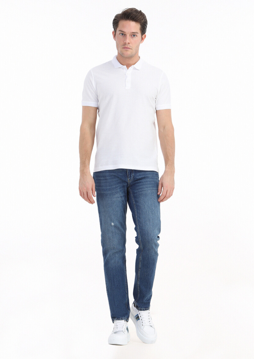 White Jacquard Polo Neck 100% Cotton T-Shirt 