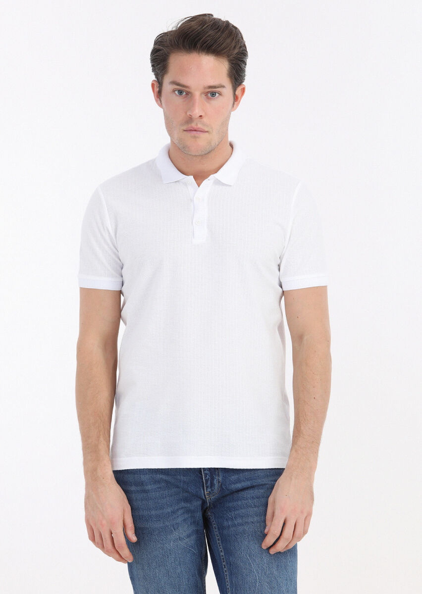 White Jacquard Polo Neck 100% Cotton T-Shirt - 2