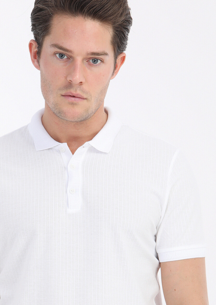 White Jacquard Polo Neck 100% Cotton T-Shirt - 3