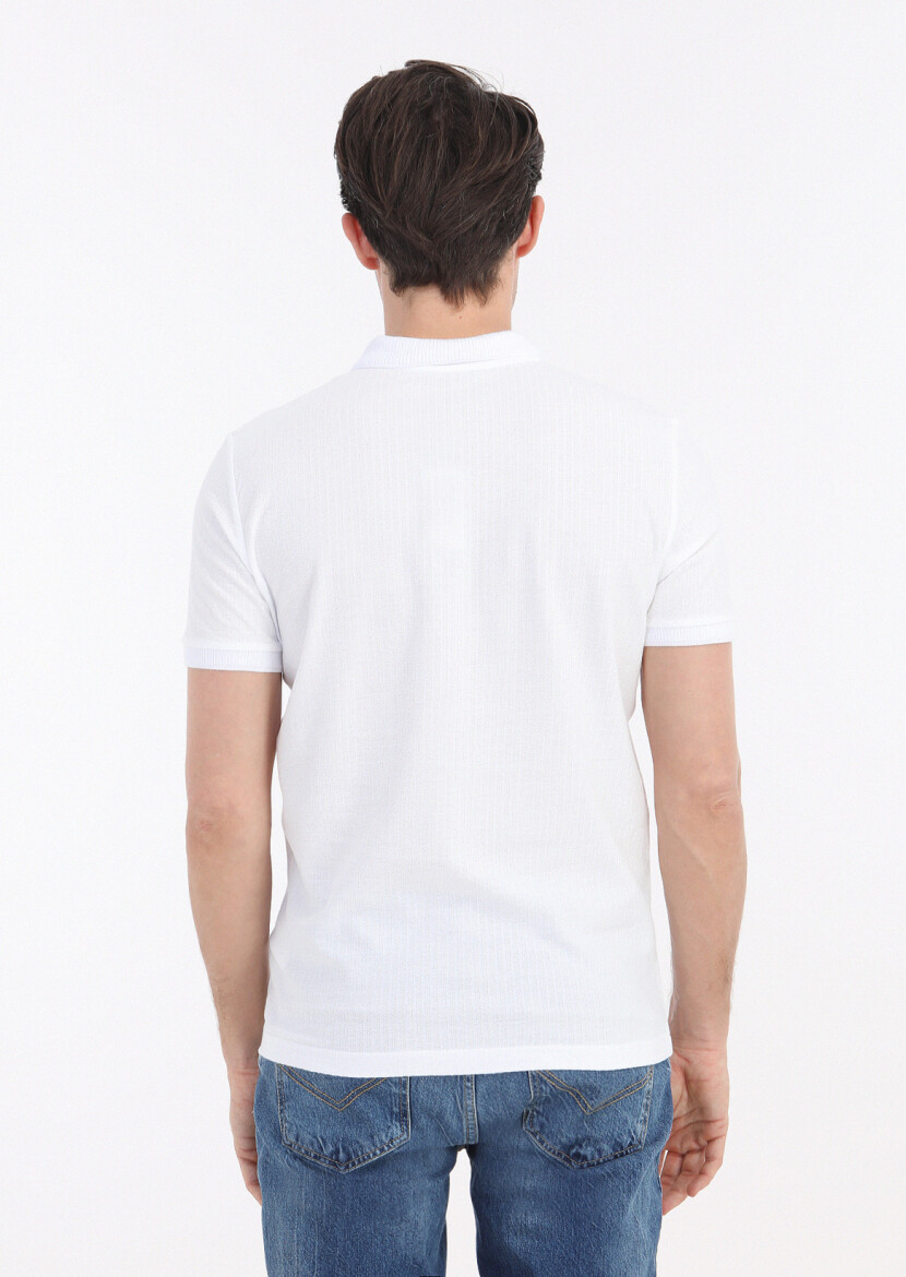 White Jacquard Polo Neck 100% Cotton T-Shirt - 4