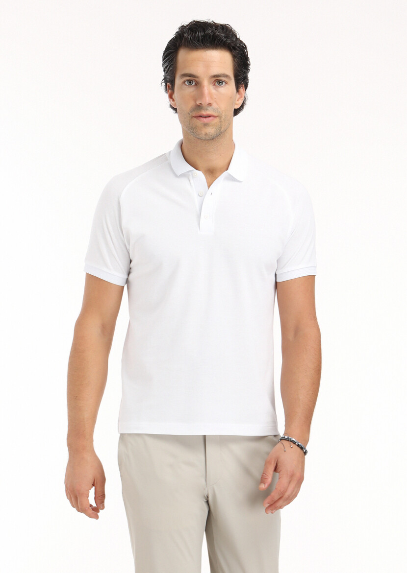 White Jacquard Polo Neck 100% Cotton T-Shirt 