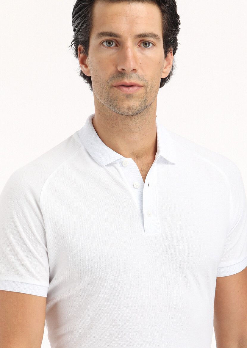 White Jacquard Polo Neck 100% Cotton T-Shirt - 4