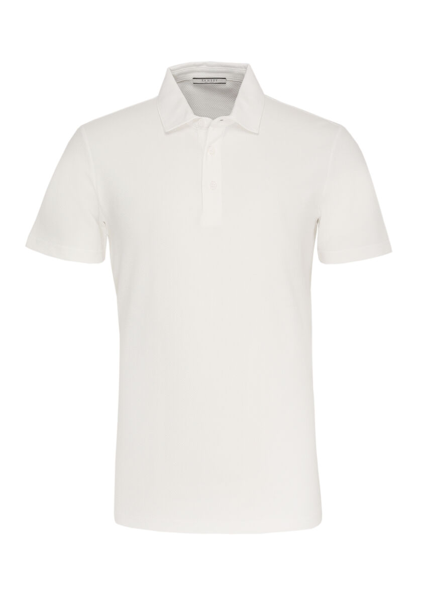 White Jacquard Polo Neck 100% Cotton T-Shirt - 1
