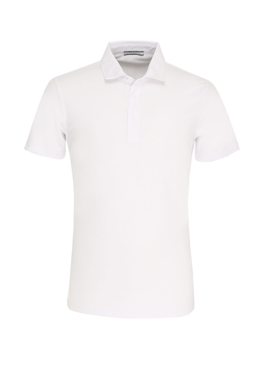 White Jacquard Polo Neck 100% Cotton T-Shirt - 1