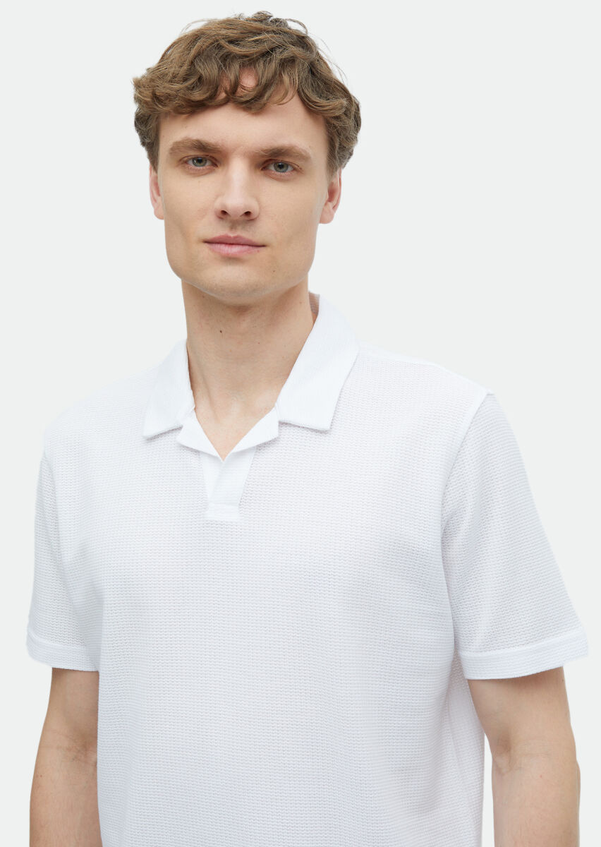 White Jacquard Polo Neck 100% Cotton T-Shirt - 3
