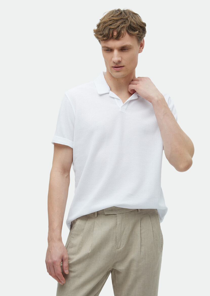 White Jacquard Polo Neck 100% Cotton T-Shirt - 1