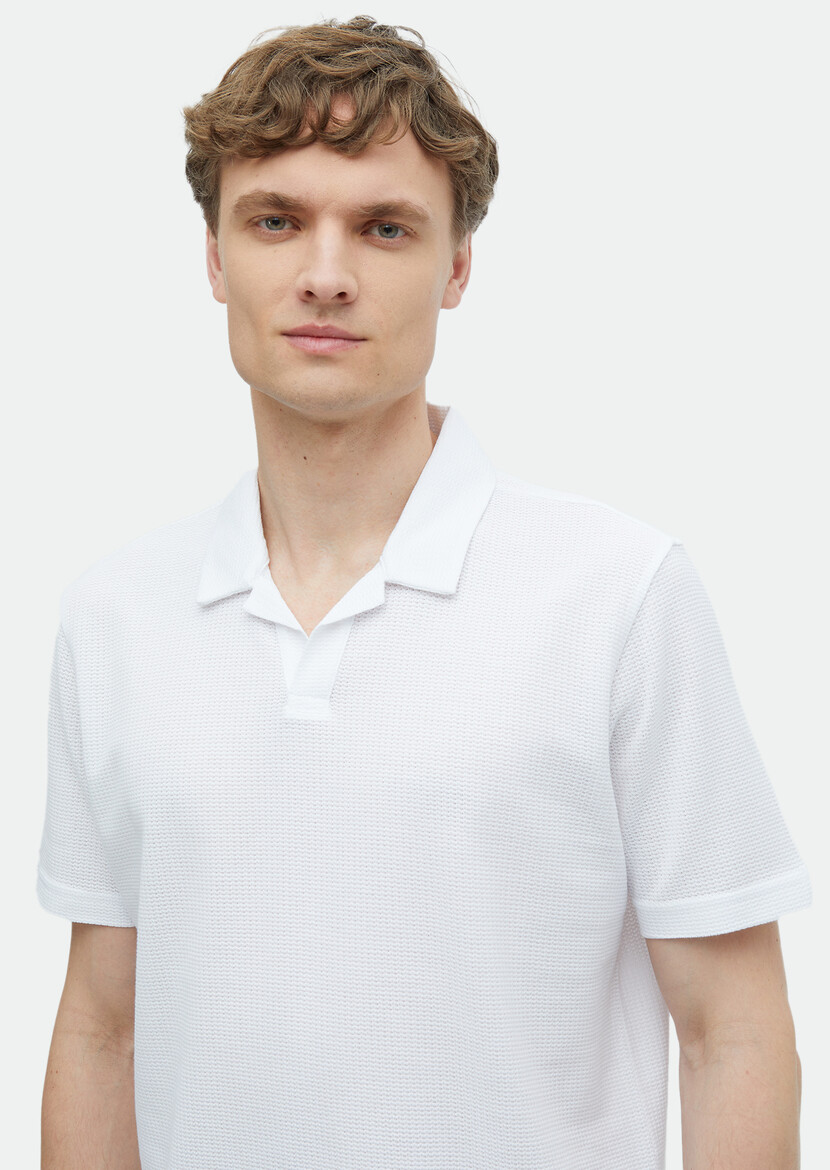 White Jacquard Polo Neck 100% Cotton T-Shirt - 3