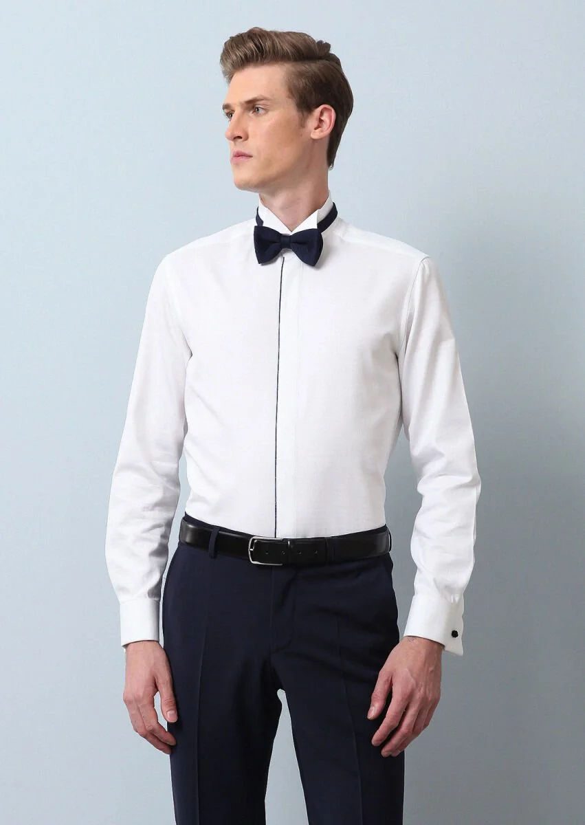 White Micro Fitted Fit Double Cuff Wing Collar Tuxedo Shirts - 2
