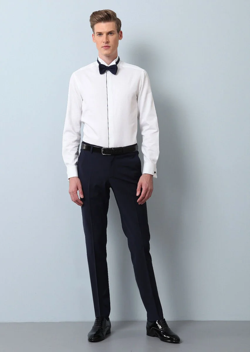 White Micro Fitted Fit Double Cuff Wing Collar Tuxedo Shirts - 3
