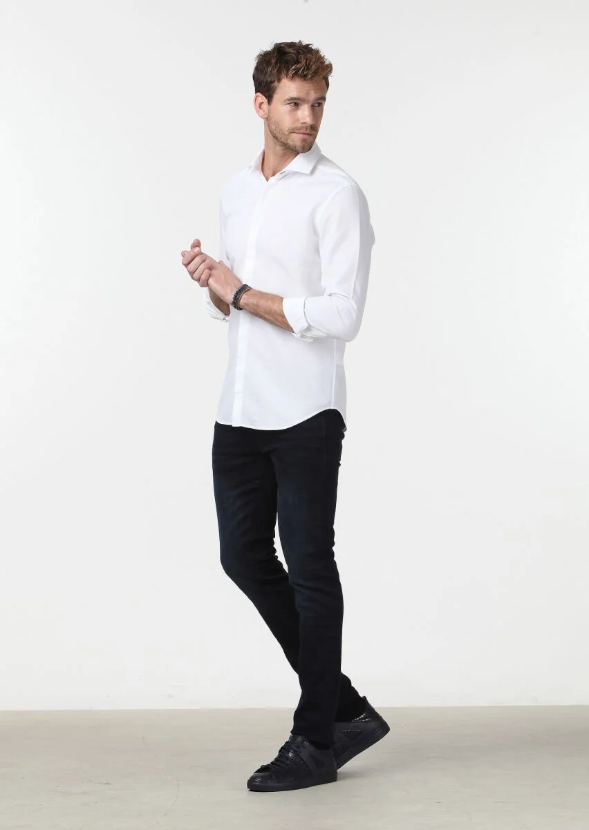 White Micro Fitted Fit Weaving Casual 100% Cotton Shirt - 3