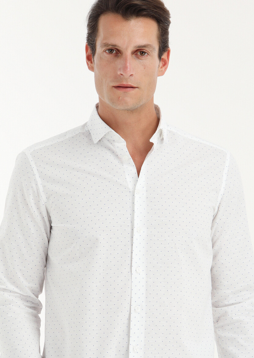 White Micro Regular Fit Long Weaving Casual Cotton Blended Shirt - 2