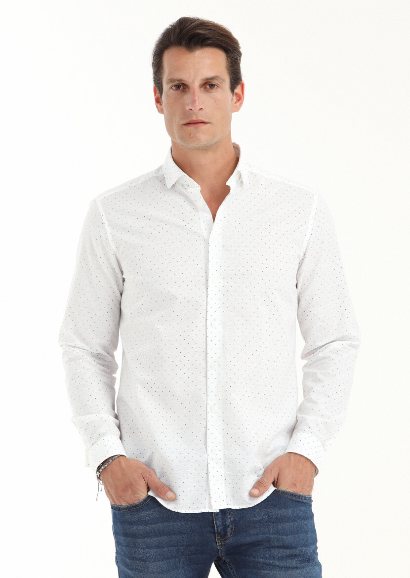 White Micro Regular Fit Long Weaving Casual Cotton Blended Shirt - 3