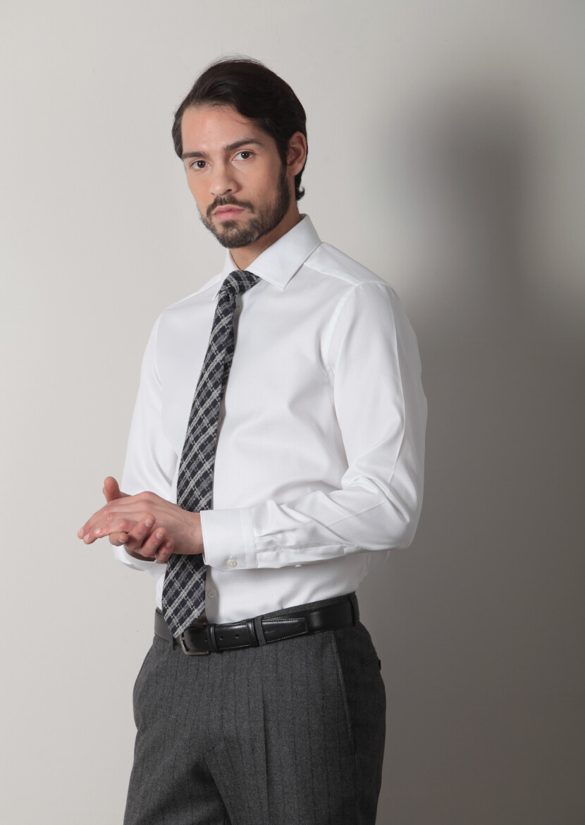 White Micro Regular Fit Long Weaving Classical 100% Cotton Shirt - 3