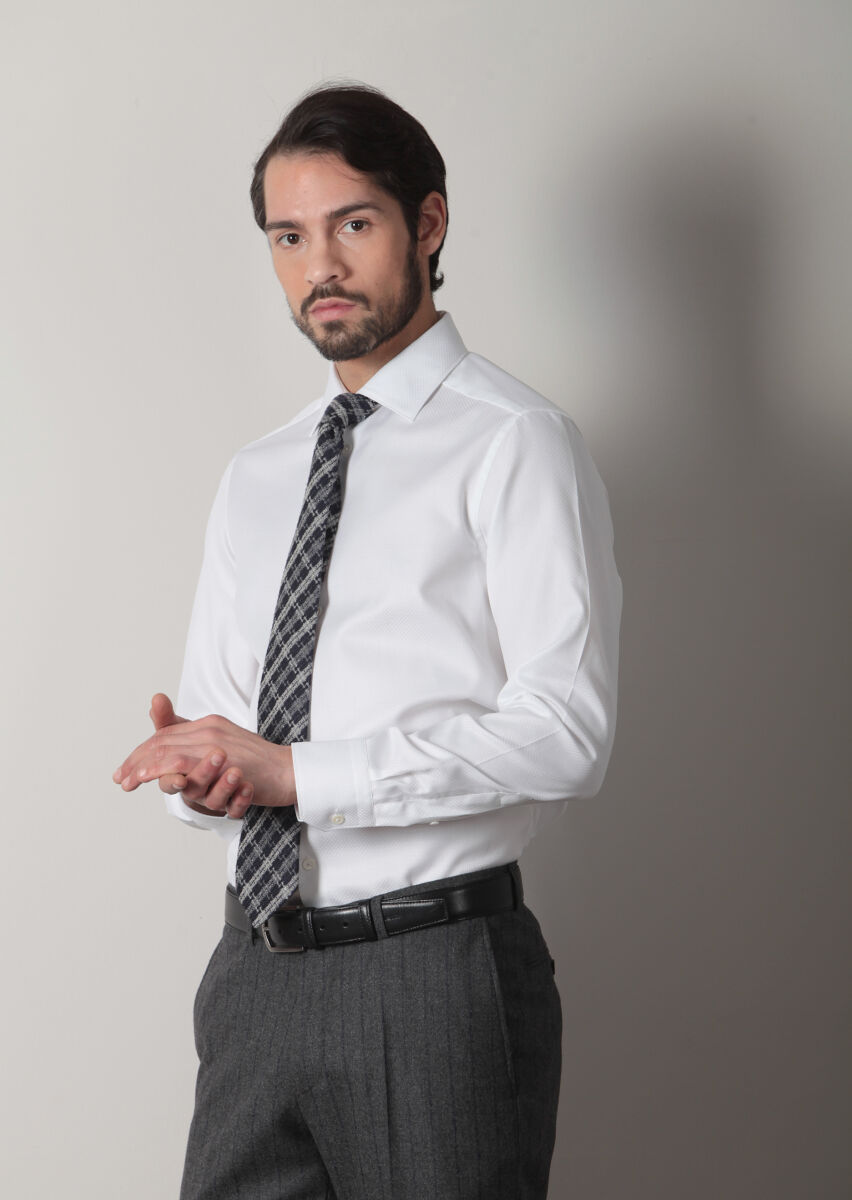 White Micro Regular Fit Long Weaving Classical 100% Cotton Shirt - 3