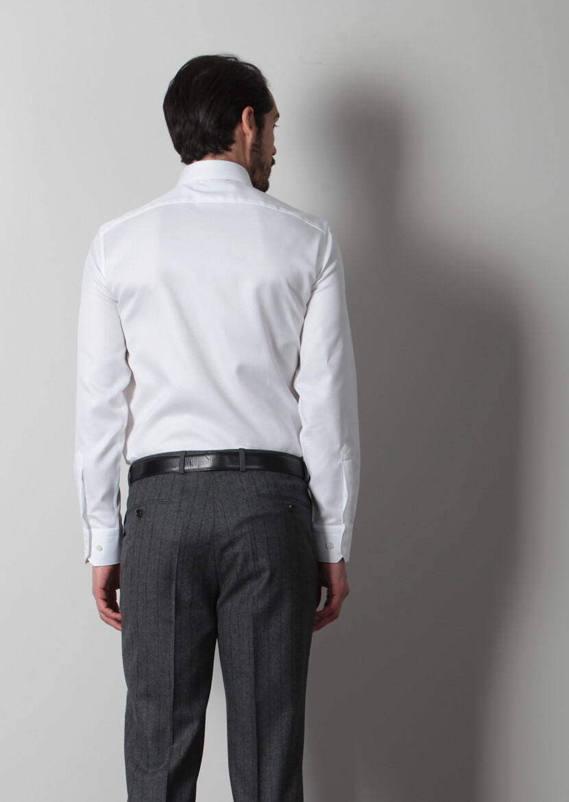 White Micro Regular Fit Long Weaving Classical 100% Cotton Shirt - 5