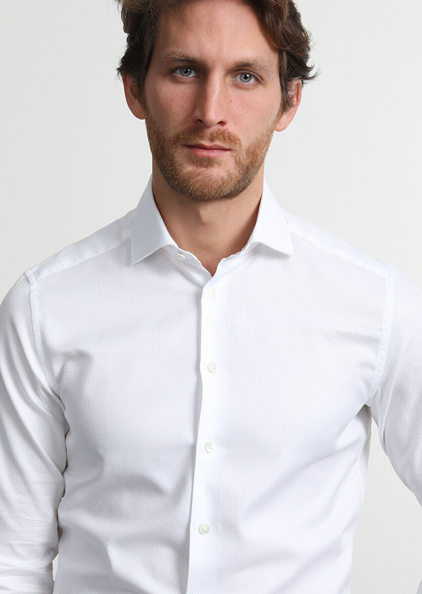 White Micro Regular Fit Long Weaving Classical 100% Cotton Shirt - 2