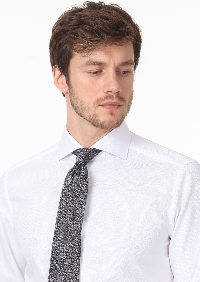 White Micro Regular Fit Long Weaving Classical 100% Cotton Shirt - 2