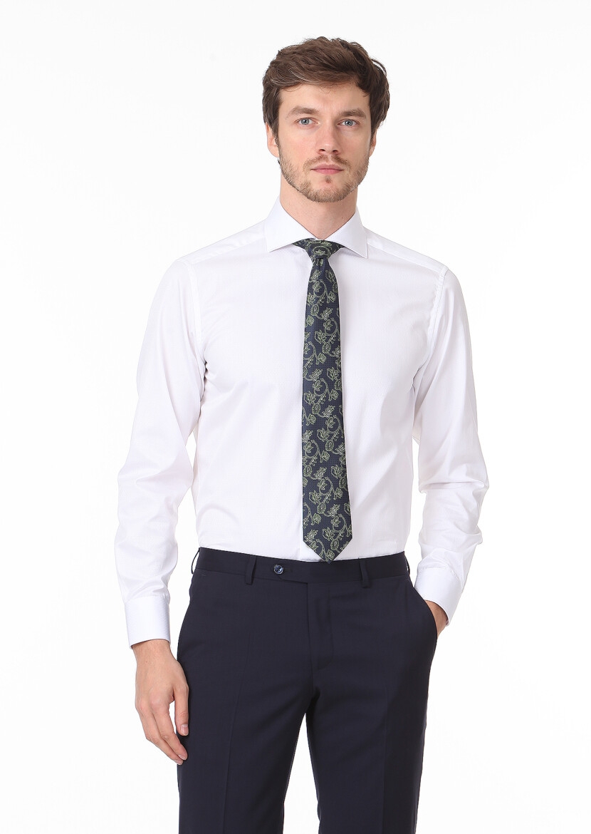 White Micro Regular Fit Long Weaving Classical 100% Cotton Shirt - 1