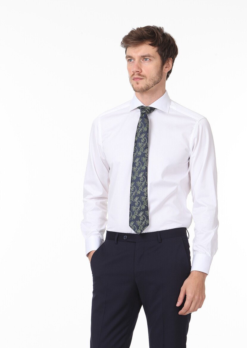 White Micro Regular Fit Long Weaving Classical 100% Cotton Shirt - 3