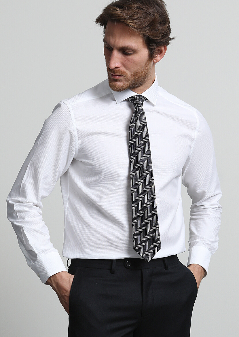 White Micro Regular Fit Long Weaving Classical 100% Cotton Shirt - 2