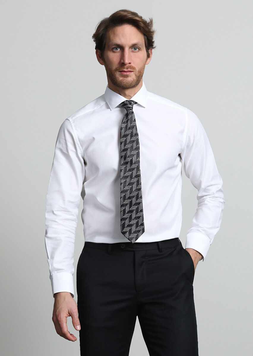 White Micro Regular Fit Long Weaving Classical 100% Cotton Shirt - 3