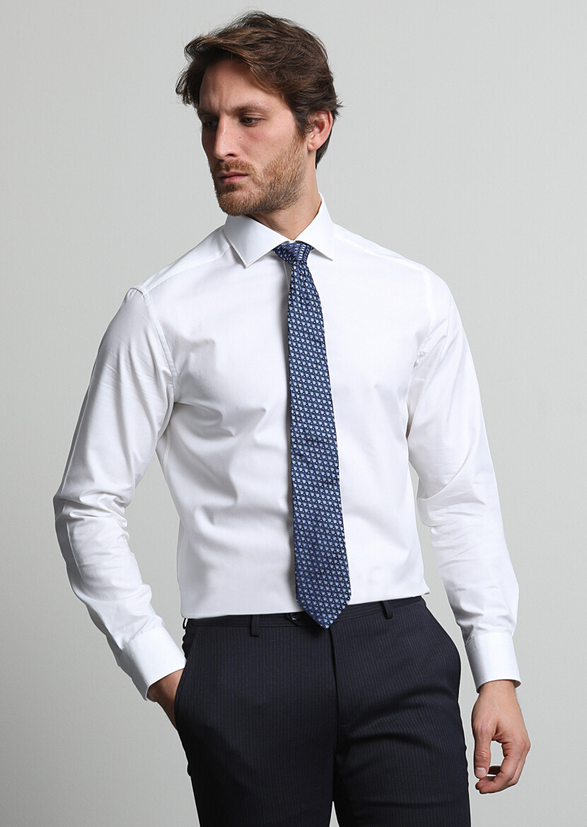 White Micro Regular Fit Long Weaving Classical 100% Cotton Shirt - 1